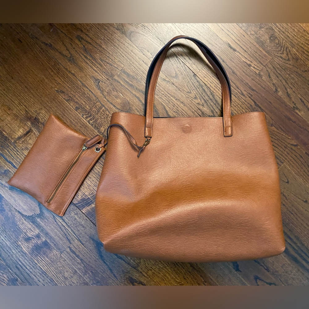 vegan REVERSIBLE Faux Leather Tote Bag with Zip Pouch cognac black work bag